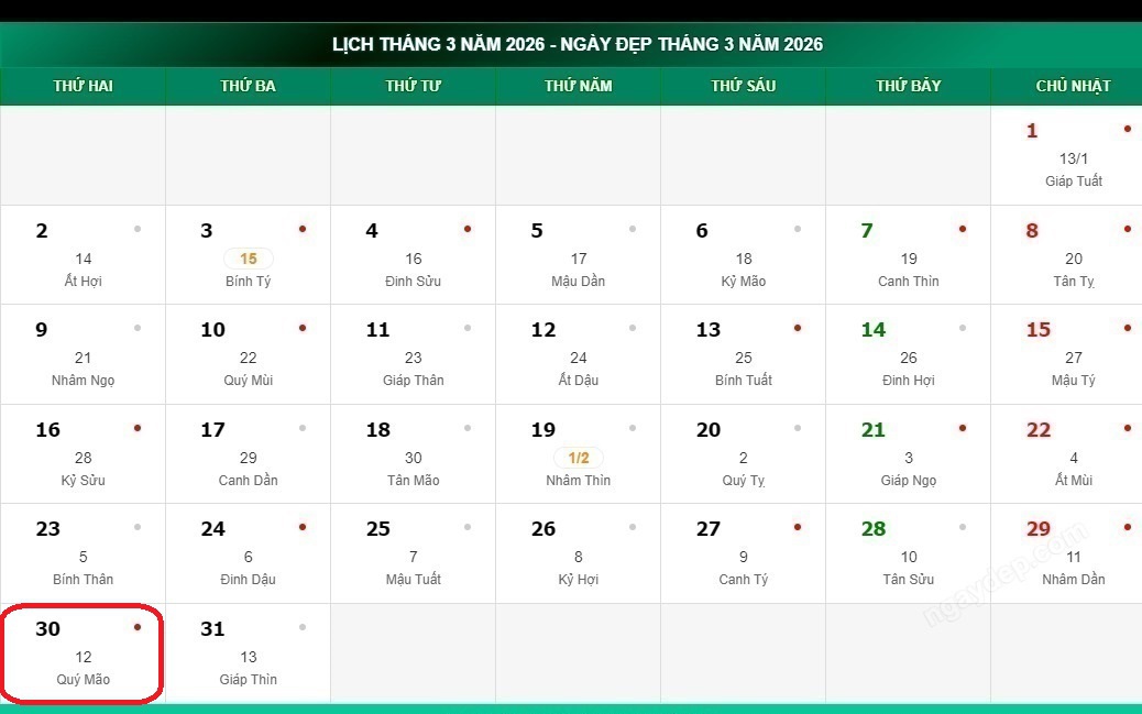Tử vi 12 con giáp hôm nay 30/3: Dần khởi sắc, Dậu nhiều điểm sáng- Ảnh 3. Lịch âm hôm nay 30/3 - Âm lịch 30/3 - Lịch vạn niên ngày 30/3/2026