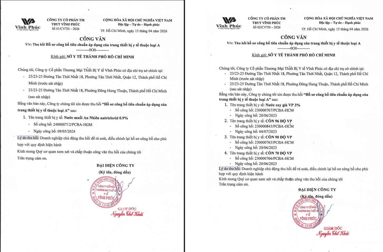 Công ty Cổ phần Thương mại Thiết bị Y tế Vĩnh Phúc chủ động thu hồi hồ sơ công bố nhiều sản phẩm- Ảnh 2. Công ty Cổ phần Thương mại Thiết bị Y tế Vĩnh Phúc chủ động thu hồi hồ sơ công bố nhiều sản phẩm- Ảnh 2.