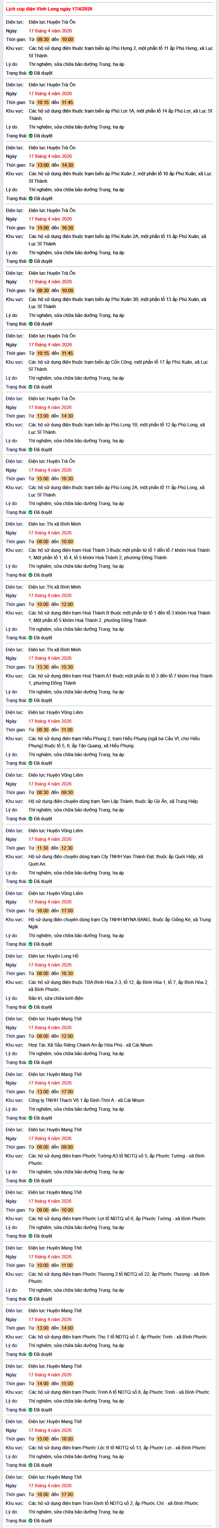 Tra cứu lịch cúp điện Vĩnh Long hôm nay Thứ 6 ngày 17/4/2026- Ảnh 1.
