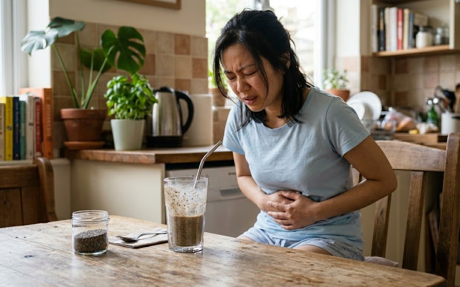 Ngâm hạt chia trong nước hay trong sữa tốt hơn?- Ảnh 4. Hạt chia tốt nhưng có người bị đầy bụng, khó tiêu sau ăn, vì sao?