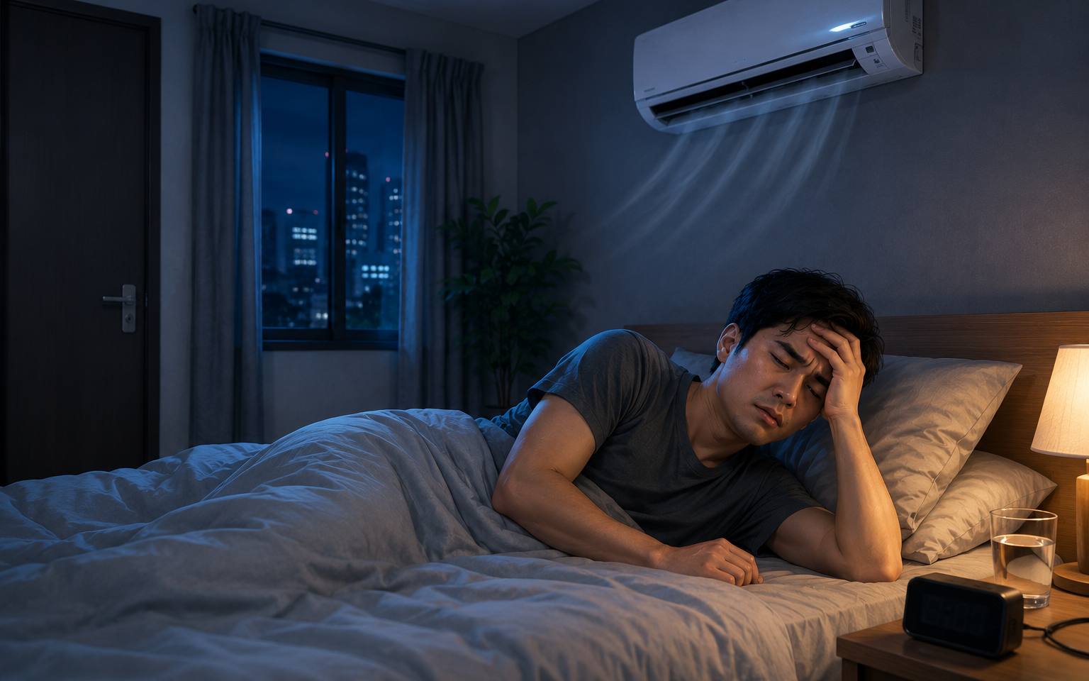 Dùng điều hòa đúng cách khi trời nắng nóng trên 40 độ- Ảnh 2. Ngủ phòng bật điều hòa kín cửa: Vì sao dễ mệt mỏi, đau đầu sau khi thức dậy?