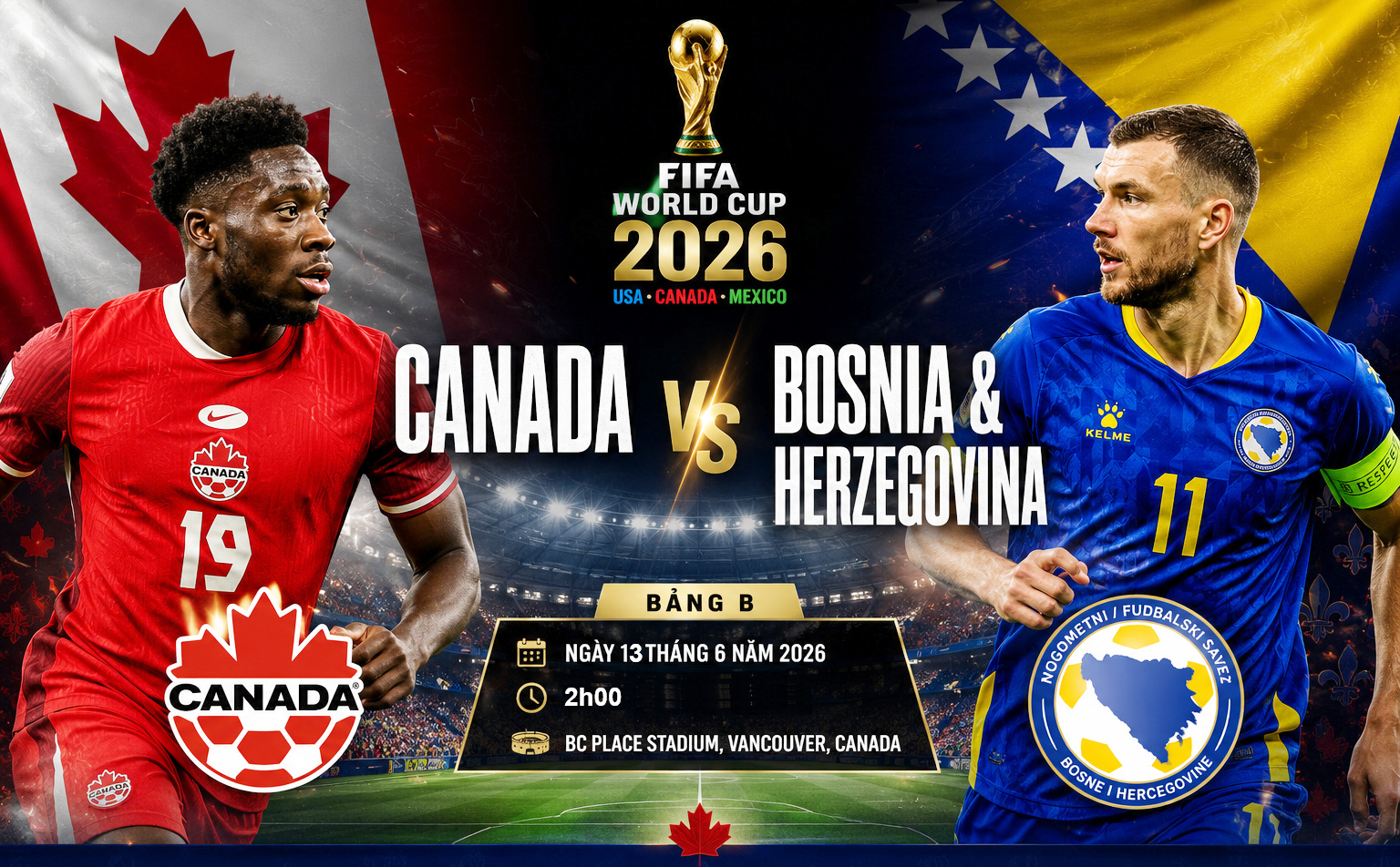 Nhận định trận Canada vs Bosnia&Herzegovina tại World Cup 2026: Lợi thế sân nhà của Canada - Ảnh 1. Nhận định trận Canada vs Bosnia&Herzegovina tại World Cup 2026: Lợi thế sân nhà của Canada - Ảnh 1.