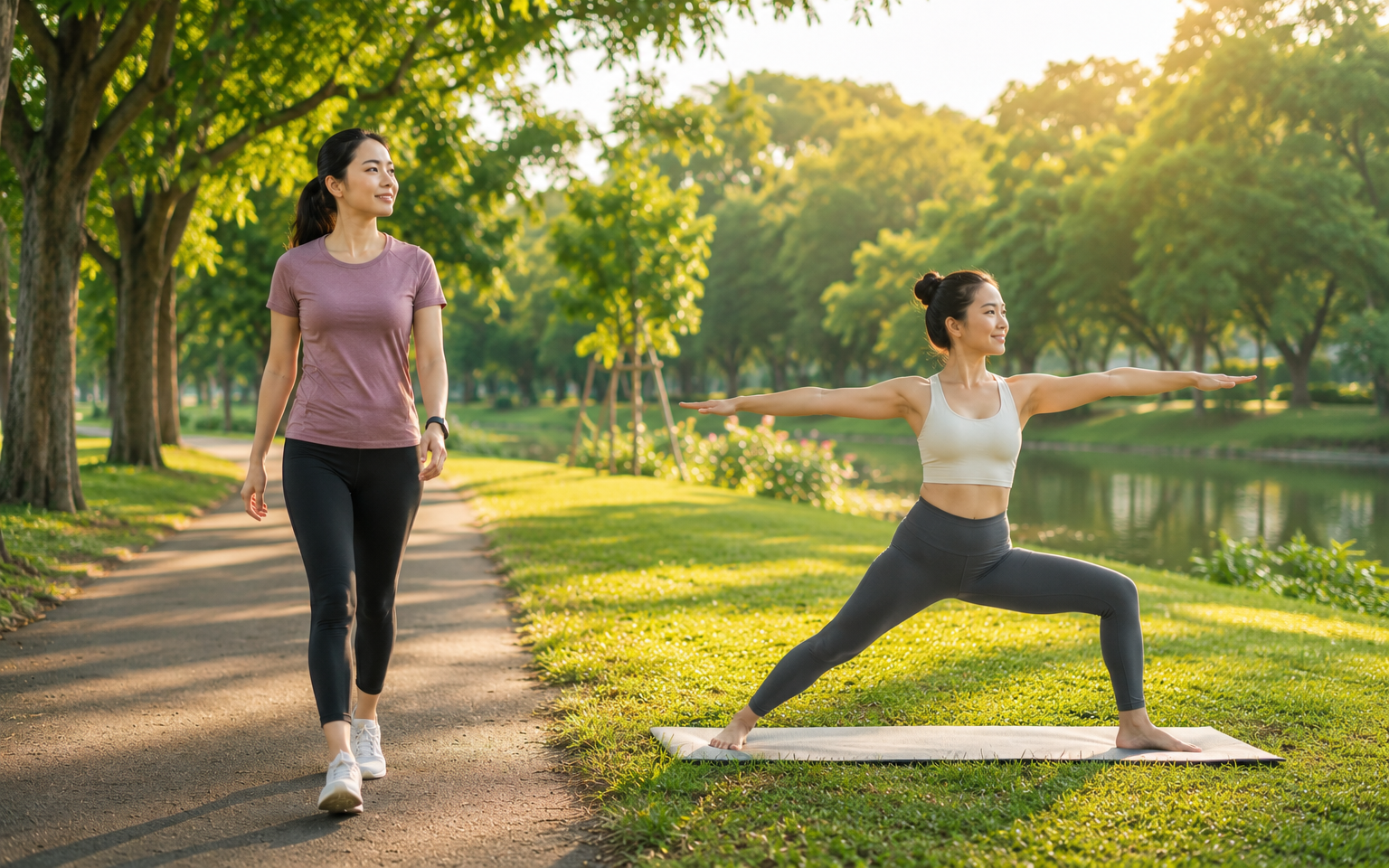 5 thói quen giữ da trẻ lâu mà không phụ thuộc collagen- Ảnh 2. Mẹo kết hợp đi bộ với yoga giúp giảm mỡ và trẻ lâu