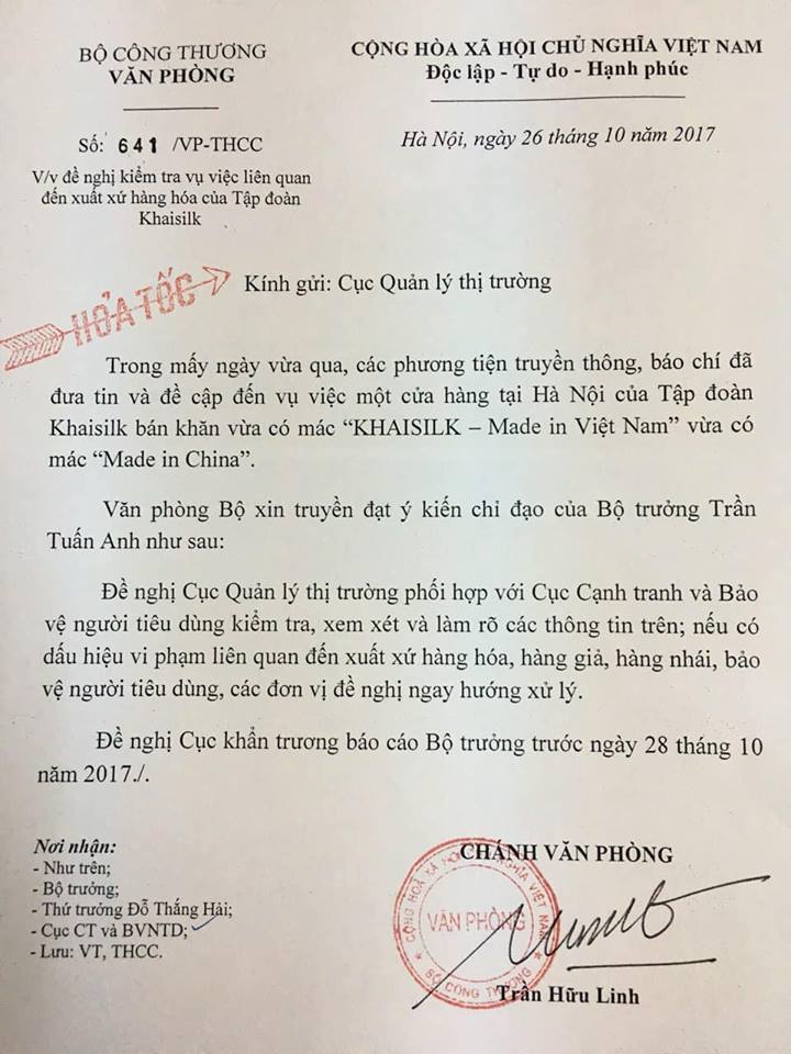 Công văn Bộ Công thương đề nghị kiểm tra vụ việc liên quan đến Xuất xứ hàng hóa của Tập đoàn Khaisilk