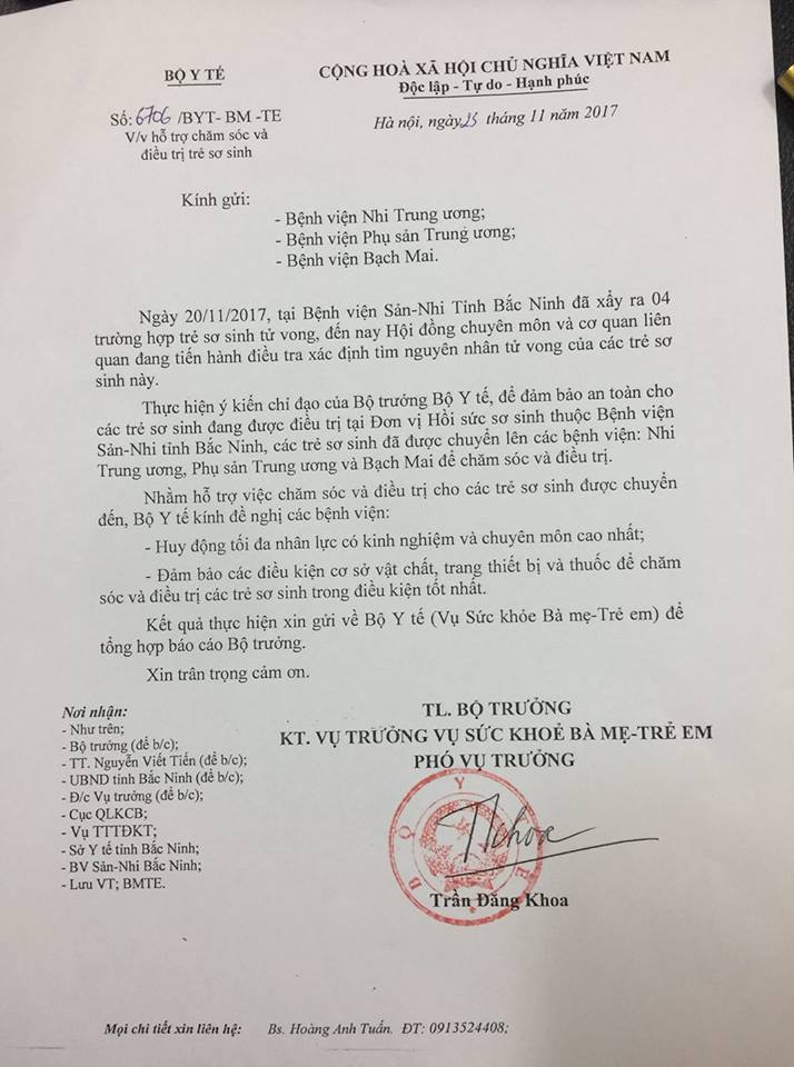 Công văn Bộ Y tế chỉ đạo các bệnh viện Nhi Trung ương, Phụ sản Trung ương, Bạch Mai huy động nhân lực có kinh nghiệm và chuyên môn cao nhất và đảm bảo điều kiện tốt nhất để chăm sóc, điều trị cho các trẻ sơ sinh chuyển viện từ BV Sản Nhi Bắc Ninh
