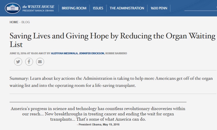 Tổng thống Obama đã đề cao việc hiến tạng trên blog của Nhà Trắng