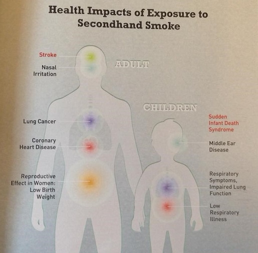 Ảnh hưởng của hít khói thuốc thụ động tới cơ thể: Ở người lớn: gây đột quỵ và viêm xoang, ung thư phổi, bệnh tim ở người lớn, giảm khả năng sinh sản ở phụ nữ; ở trẻ em: gây hội chứng đột tử ở trẻ sơ sinh, hỏng chức năng phổi, bệnh đường hô hấp,.... (Nguồn: Road to 100% Smoke-Free Indonesia, WHO)
