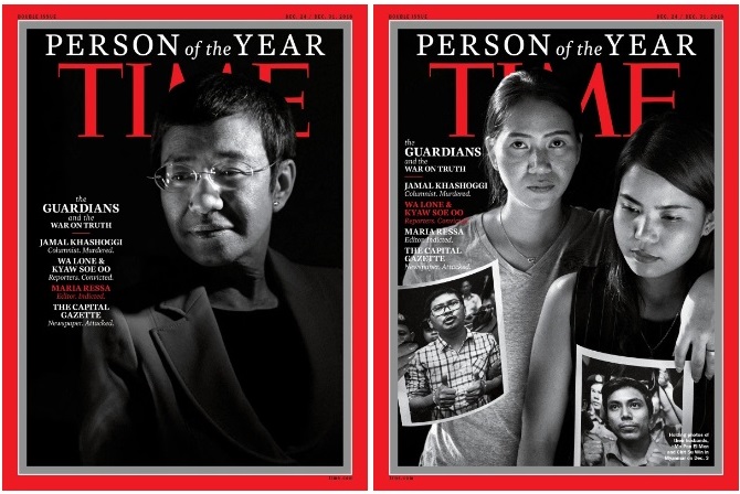 Nhà báo Philippine Maria Ressa (trái), hai phóng viên Reuters Wa Lone và Kyaw Soe Oo (phải)