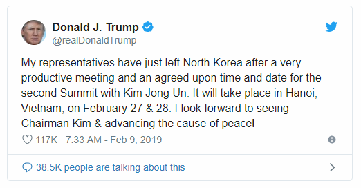 Tổng thống Trump đăng trên Twitter chi tiết về cuộc họp Thượng đỉnh, khẳng định rằng sẽ diễn ra vào 27-28/2 ở Hà Nội