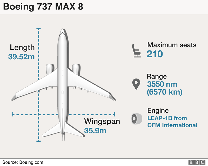 Máy bay Boeing 737 Max 8. Chiều dài: 39,52m, độ sải cánh: 35,9m. Ghế ngồi tối đa: 210 ghế. Tầm xa: 6570km. Động cơ: LEAP-1B từ CFM quốc tế. (Nguồn: Boeing.com/BBC)