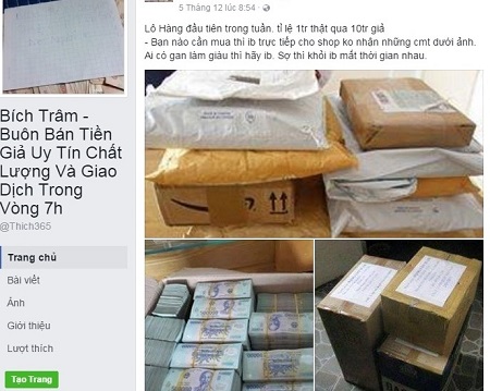 Một trang facebook quảng cáo buôn bán tiền giả