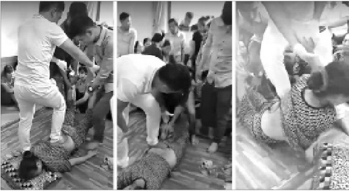 “Thầy” Trường đang “chữa bệnh” thô bạo như thế này (ảnh cắt từ clip). “Thầy” Trường đang “chữa bệnh” thô bạo như thế này (ảnh cắt từ clip).