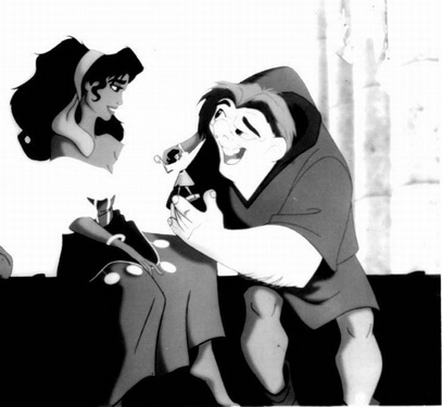 Tranh minh họa: Chàng Quasimodo xấu xí si tình bên nàng Esmeralda xinh đẹp.