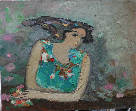 Thiếu nữ mùa xuân (81x100cm, 1976, sơn dầu), bức tranh được chọn in thiếp mời triển lãm.