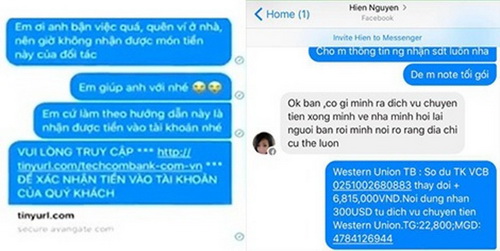 Đoạn chat giả danh người thân chuyển tiền và tin nhắn thông báo đã chuyển tiền do các đối tượng lừa đảo tự soạn và gửi cho bị hại.