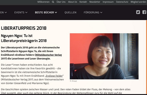 Thông tin nhà văn Nguyễn Ngọc Tư được trao giải thưởng văn học LiBeraturpreis 2018 được thông báo trên trang web của Ban tổ chức.