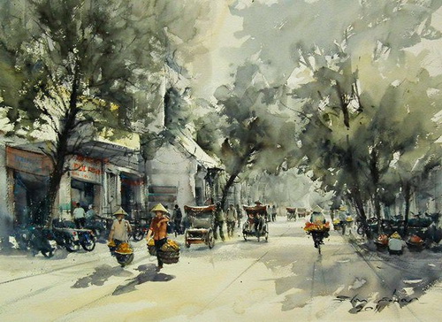 Hà Nội xưa qua tranh màu nước “Gánh hàng rong tại phố cổ Hà Nội” của họa sĩ người Thái Lan Direk Kingnok.