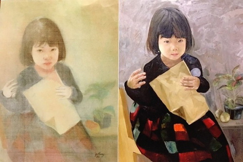 Bức tranh lụa (bên trái) vừa đem ra đấu giá ký tên “g Huong 95” được cho là giả, chép lại từ bức tranh của họa sĩ Phạm Văn Đông (bên phải).