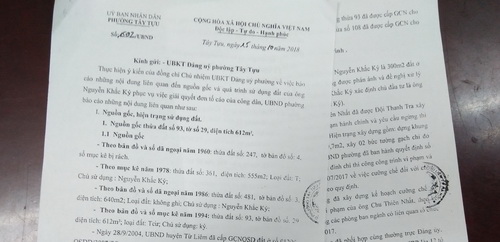Văn bản của UBND phường Tây Tựu cho rằng diện tích 48m2 được cấp sổ đỏ cho ông Nguyễn Khắc Ký  là không đúng với hồ sơ địa chính lưu tại phường.