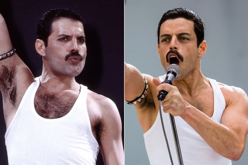 Freddie Mercury, thủ lĩnh ban nhạc Queen (bên trái) và Rami Malek vào vai huyền thoại.