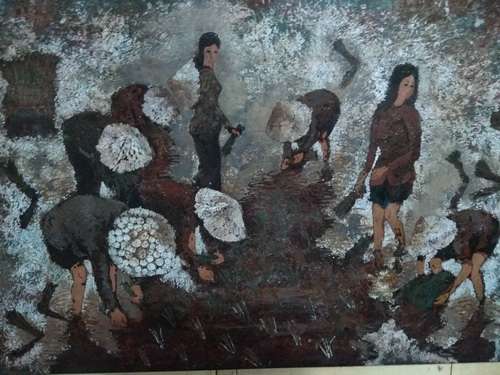 Bức sơn mài Cây Lúa - tranh cổ trong nhà Trần Công Vàng.