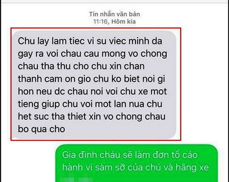 Tin nhắn của người xưng là Nguyễn Vinh của nhà xe Hải Vân nhắn xin lỗi nạn nhân Nguyễn Thanh H.