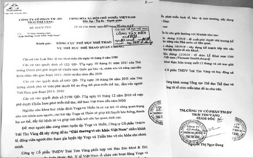 Công văn của Công ty cổ phần TM-DV Trái tim vàng (nay là Công ty cổ phần tập đoàn Những trái tim vàng) gửi Tổng cục TDTT, Vụ Thể dục thể thao quần chúng mạo danh phối hợp với báo Sức khỏe&Đời sống để tổ chức giải thưởng.