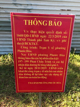 Phường Phước Hòa, Tam Kỳ thông báo không cho người dân lưu thông qua lại nút giao thông để xây dựng trạm y tế.