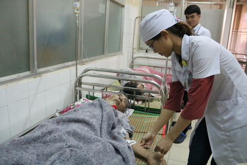 Sinh viên hỗ trợ cán bộ y tế chăm sóc bệnh nhân trong dịp Tết.