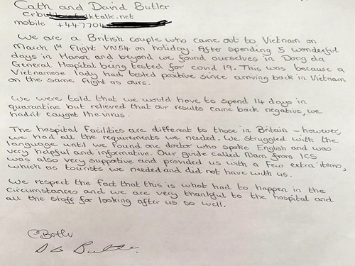 Bức thư của ông bà Butler người Anh viết cảm nhận về những ngày cách ly tại Bệnh viện Đống Đa.