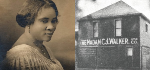 chân dung Madam C.J. Walker (bên trái), Nhà máy Mỹ phẩm của nữ triệu phú tại Indianapolis (bên phải).