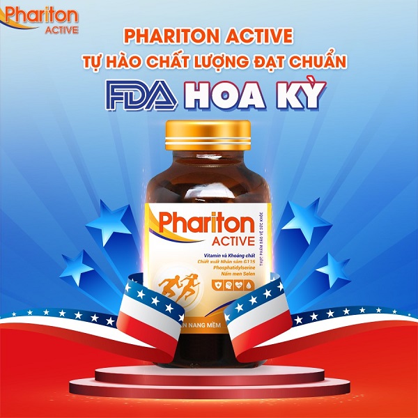 Phariton ACTIVE  - dược phẩm Việt tự hào đạt chất lượng Hoa Kỳ với chứng nhận của FDA - Food and Drug Administration (Cục Quản lý Thực phẩm và Dược phẩm Hoa Kỳ), trực thuộc Bộ Y tế và Nhân sinh Hoa Kỳ.