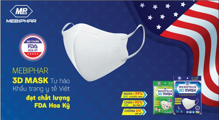 Khẩu trang MEBIPHAR 3D MASK tự hào đạt chất lượng Hoa Kỳ với chứng nhận của FDA - Food and Drug Administration (Cục Quản lý Thực phẩm và Dược phẩm Hoa Kỳ), trực thuộc Bộ Y tế và Nhân sinh Hoa Kỳ.    