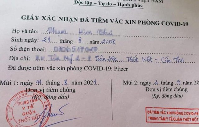 Hình ảnh phiếu tiêm vaccine của bé gái 13 tuổi ở Cần Thơ.