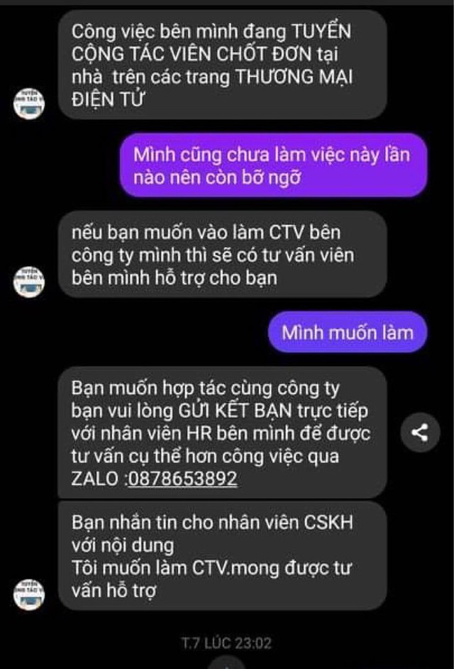 Tin nhắn chị Nguyễn T. H. trao đổi với đối tượng lừa đảo tuyển cộng tác viên bán hàng online.