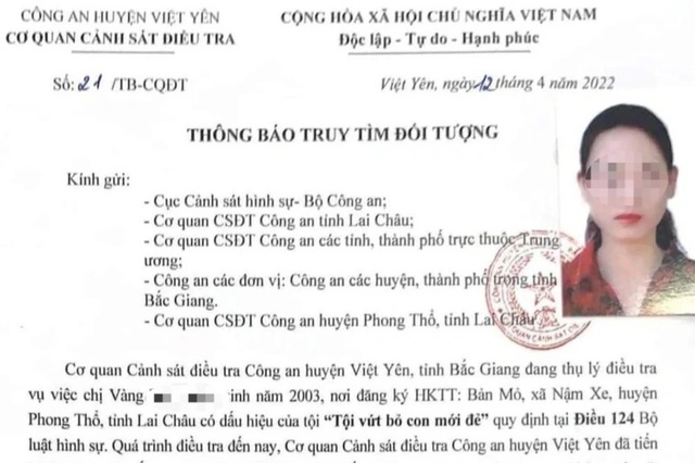 Công an huyện Việt Yên thông báo truy tìm Vàng Thị Th.-người đã vứt bỏ con sau khi đẻ trong nhà vệ sinh.