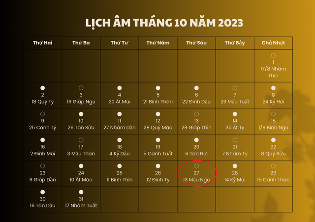 Lịch âm 27/10 - Âm lịch hôm nay 27/10 - Lịch vạn niên ngày 27/10/2023 - Ảnh 1.