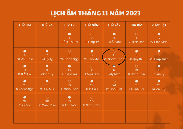 Lịch âm 10/11 - Âm lịch hôm nay 10/11 - Lịch vạn niên ngày 10/11/2023 - Ảnh 1.