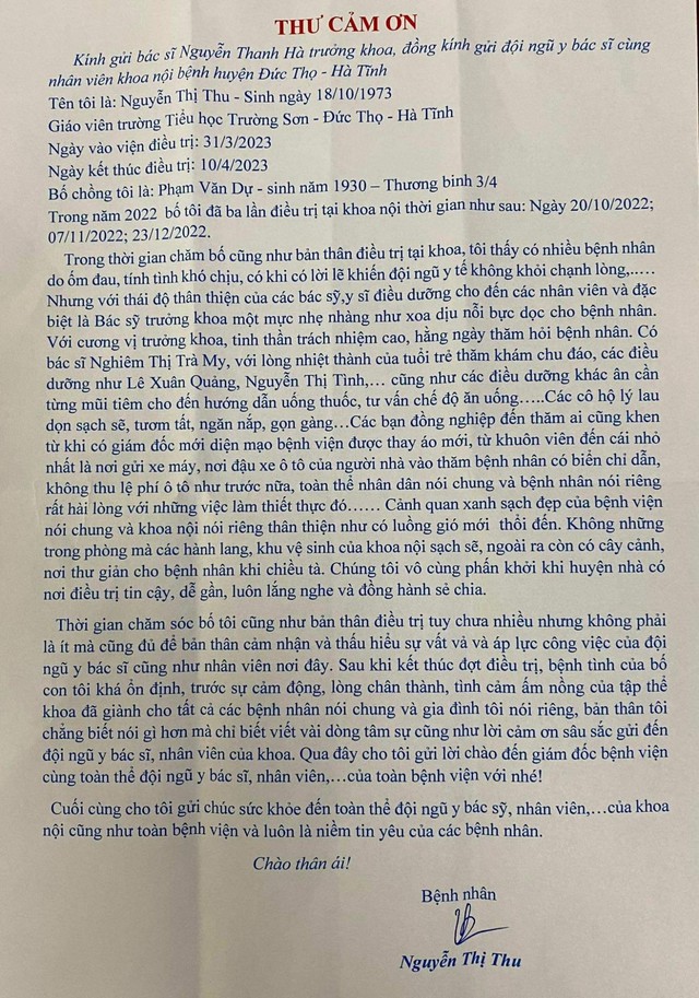 Ấm lòng với bức thư cảm ơn của bệnh nhân gửi bác sĩ - Ảnh 1.