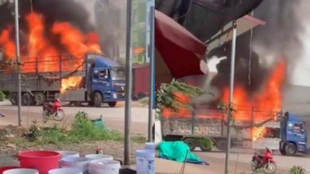 Hiện trường vụ xe tải cháy ngùn ngụt được tài xế đưa ra khỏi khu dân cư tại Bắc Giang.
