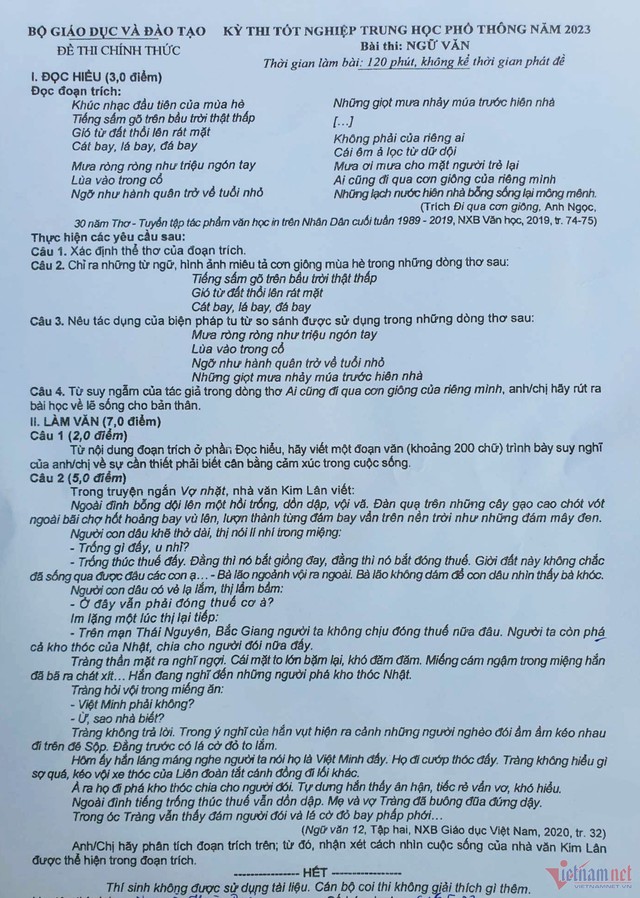Đề thi chính thức môn Ngữ văn tốt nghiệp THPT năm 2023 vào &quot;Vợ nhặt&quot; - Ảnh 1.