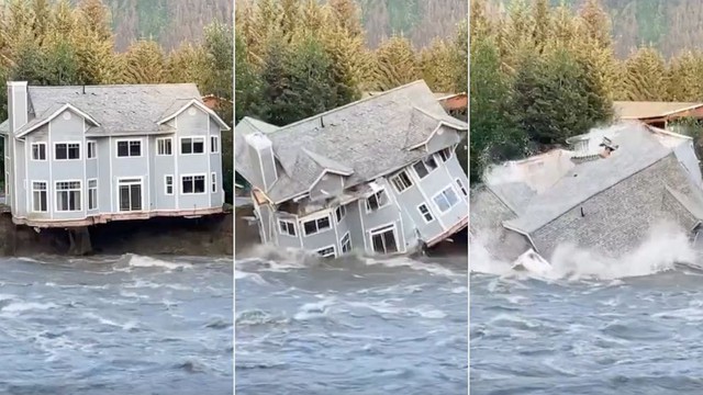 Vỡ đập hồ sông băng, cả ngôi nhà đổ sập xuống dòng sông ở Alaska - Ảnh 2.
