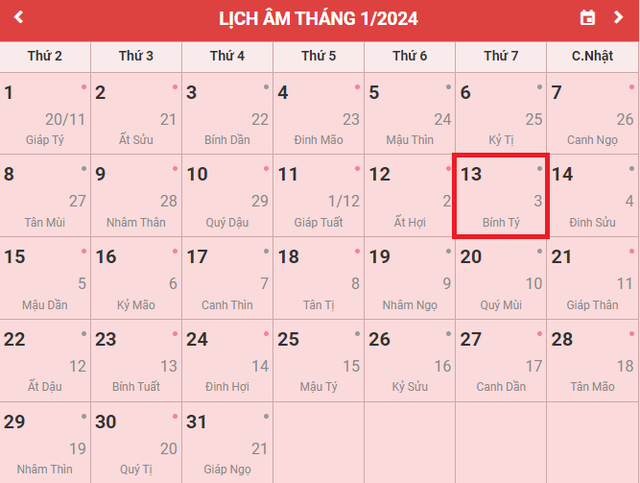 Lịch âm 13/1 - Âm lịch hôm nay 13/1 - Lịch vạn niên ngày 13/1/2024- Ảnh 1.