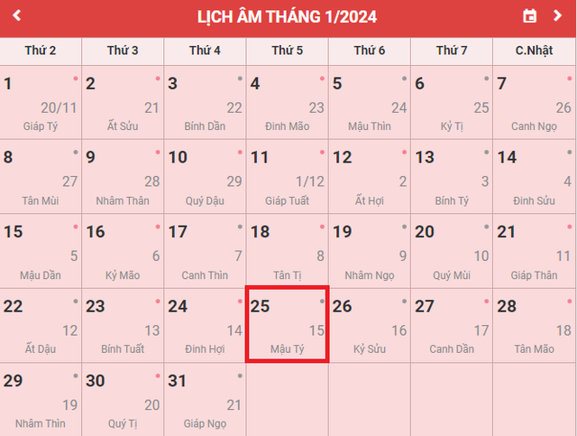 Lịch âm 25/1 - Âm lịch hôm nay 25/1 - Lịch vạn niên ngày 25/1/2024- Ảnh 1.