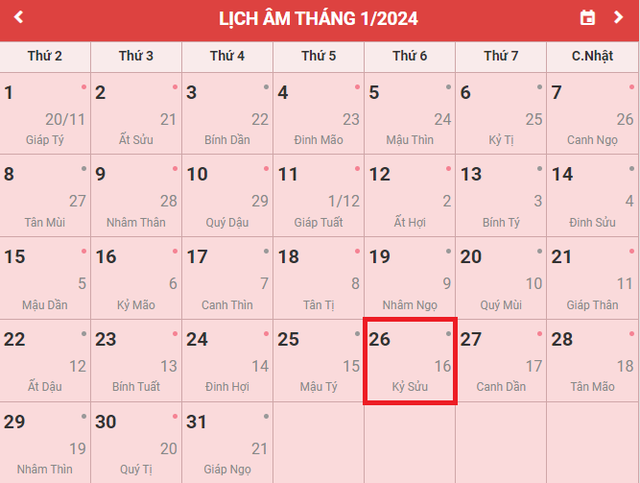 Lịch âm 26/1 - Âm lịch hôm nay 26/1 - Lịch vạn niên ngày 26/1/2024- Ảnh 1.