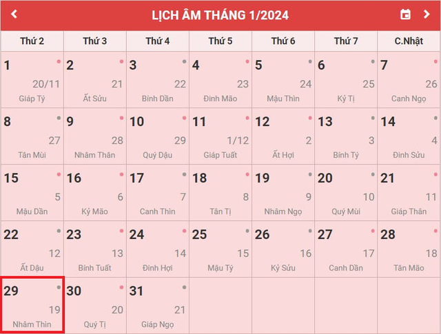 Lịch âm 29/1 - Âm lịch hôm nay 29/1 - Lịch vạn niên ngày 29/1/2024- Ảnh 1.