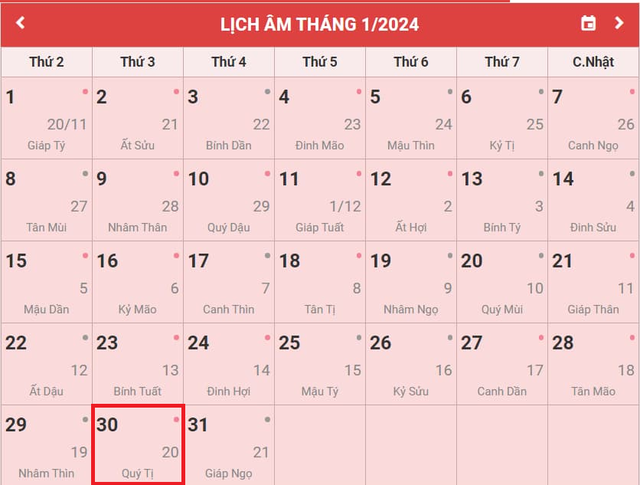 Lịch âm 30/1 - Âm lịch hôm nay 30/1 - Lịch vạn niên ngày 30/1/2024- Ảnh 1.