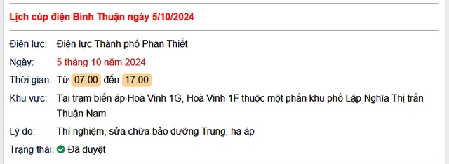 Lịch cúp điện hôm nay Thứ 7 ngày 5/10/2024 tại Bình Thuận- Ảnh 1.