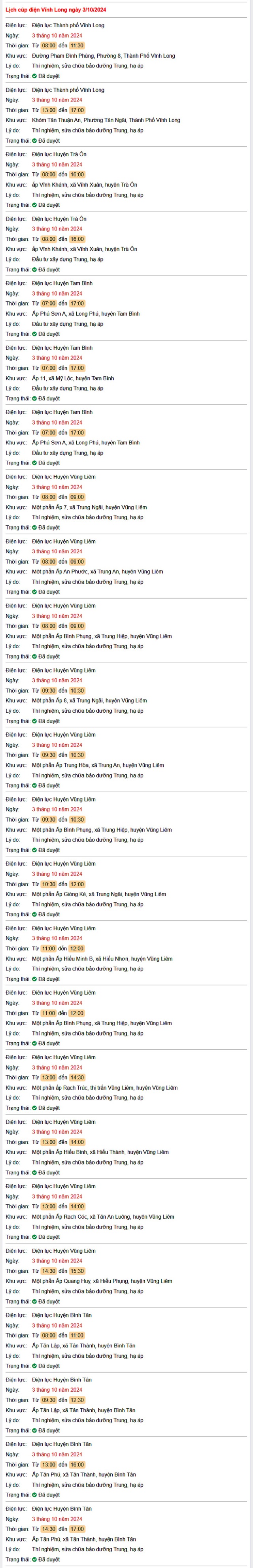 Lịch cúp điện hôm nay Thứ 5 ngày 3/10/2024 tại Vĩnh Long- Ảnh 1. Lịch cúp điện hôm nay Thứ 5 ngày 3/10/2024 tại Vĩnh Long- Ảnh 1.