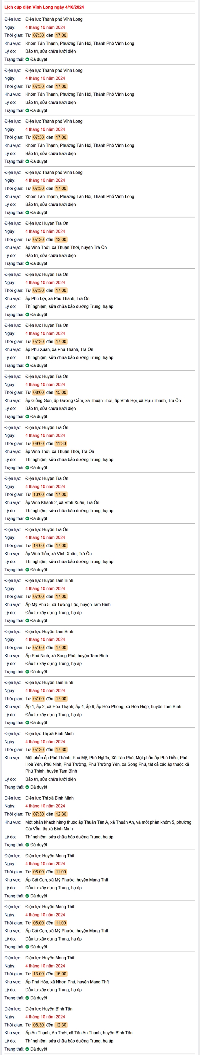 Lịch cúp điện hôm nay Thứ 6 ngày 4/10/2024 tại Vĩnh Long- Ảnh 1. Lịch cúp điện hôm nay Thứ 6 ngày 4/10/2024 tại Vĩnh Long- Ảnh 1.